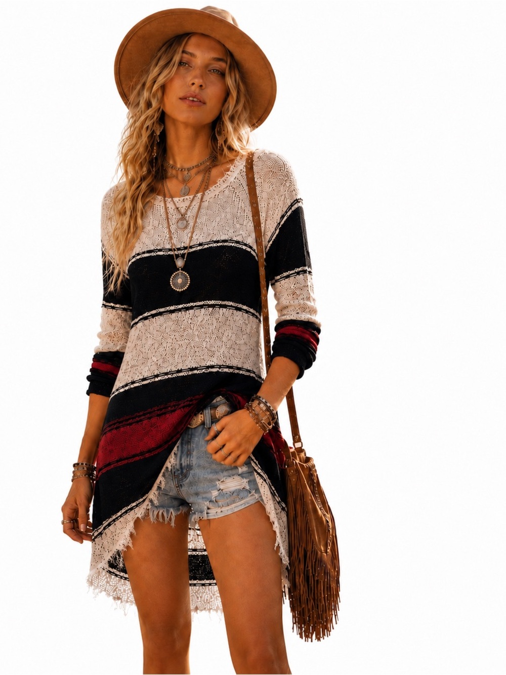 Womens Free People Large Early 2000s Frayed Open Knit Sweater Tunic Dress Grunge